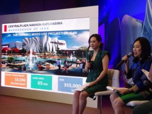 Wallaya Chirathivat, right, senior executive vice president at Central Pattana, explains the company's new project in northeastern Thailand.