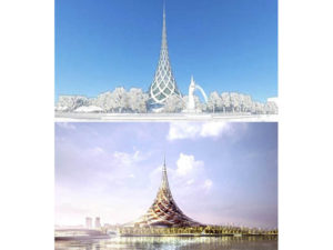 At top, a rendering of the proposed Viman Phra In (Paradise of Indra) as presented by the Chao Phraya boardwalk design team. At bottom, a rendered image of Crystal Island as designed by British architect Norman Foster.